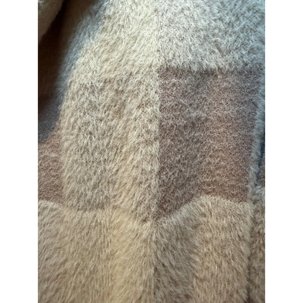 Charlie Paige Hooded Coatigan Plaid Fuzzy Open Front Sweater Jacket Tan Crème